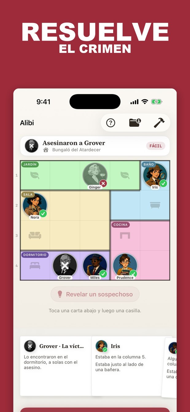 Tablero de Alibi con sospechosos colocados en el plano
