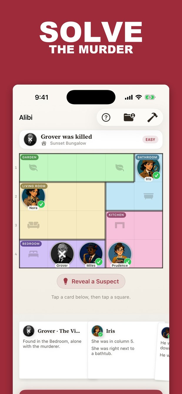 The Alibi board with suspects placed on the floor plan